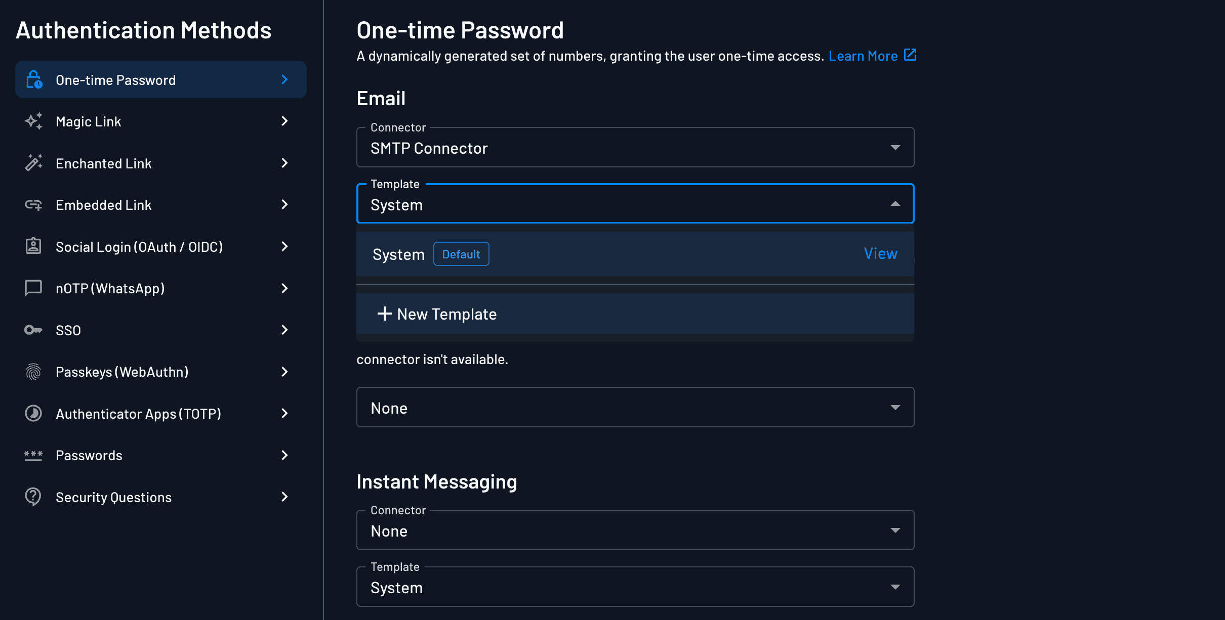 Example of creating a new template for email authentication methods in Descope