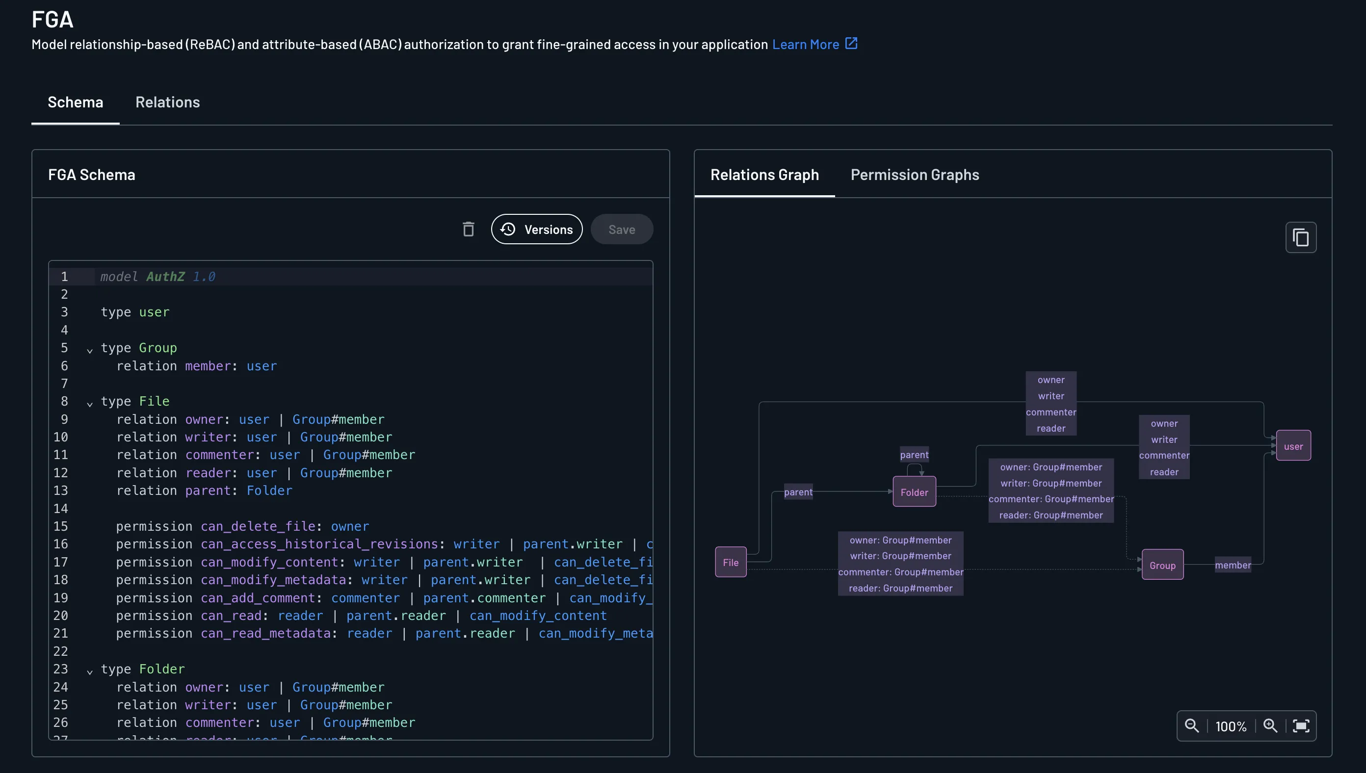 Copy button on an FGA schema graph