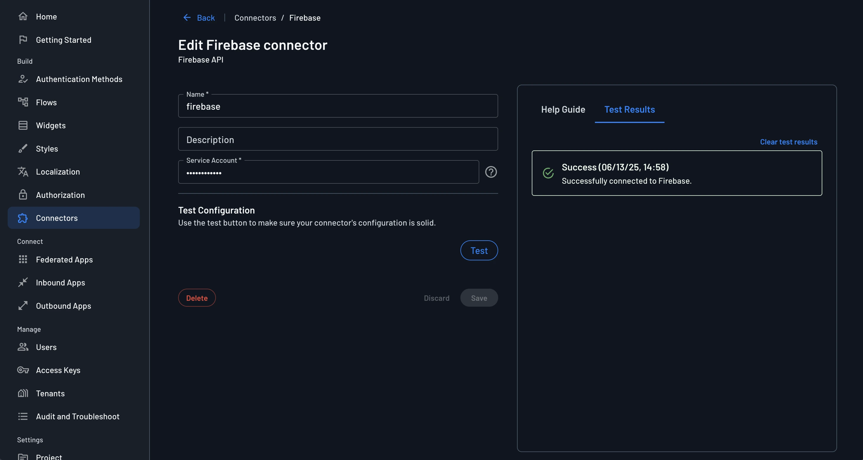 Firebase connector configuration screen