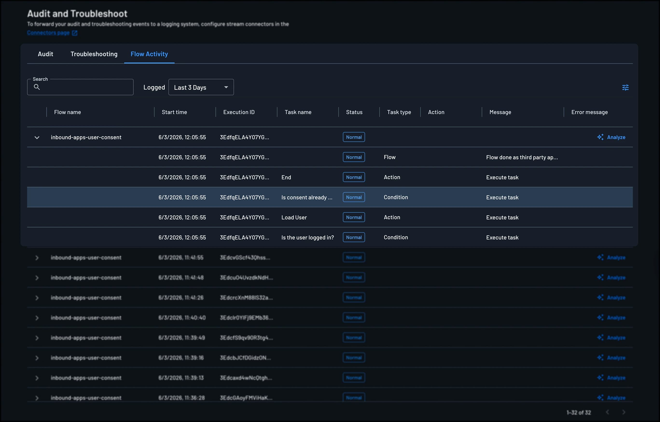 Expanded flow row showing individual task details