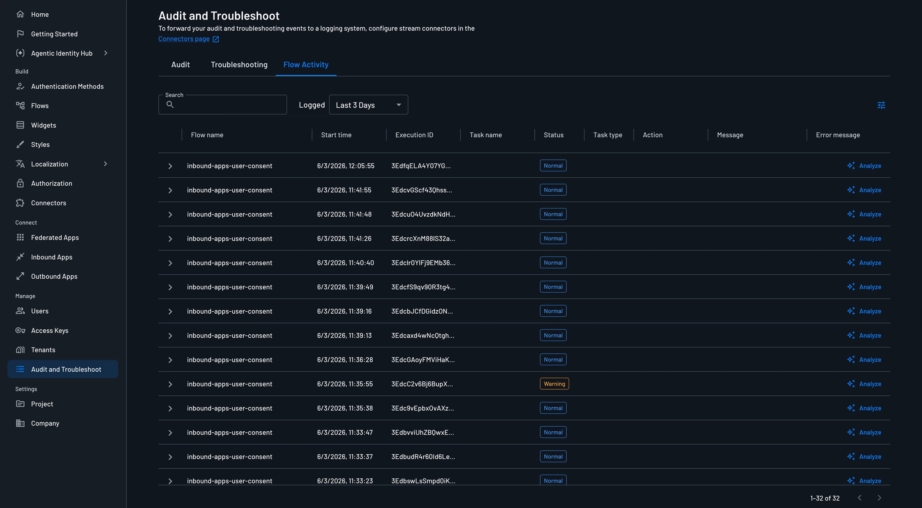 Flow Activity table showing flow executions