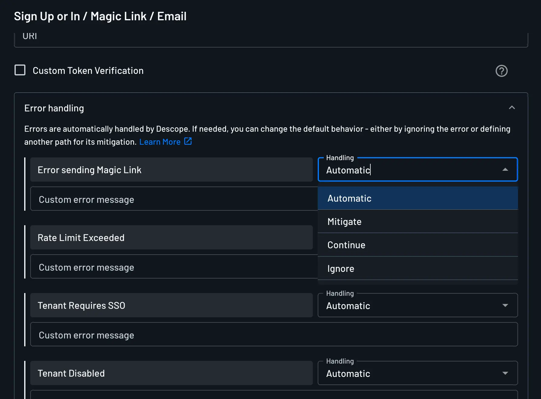 Descope error handling configuration within a Descope flow action