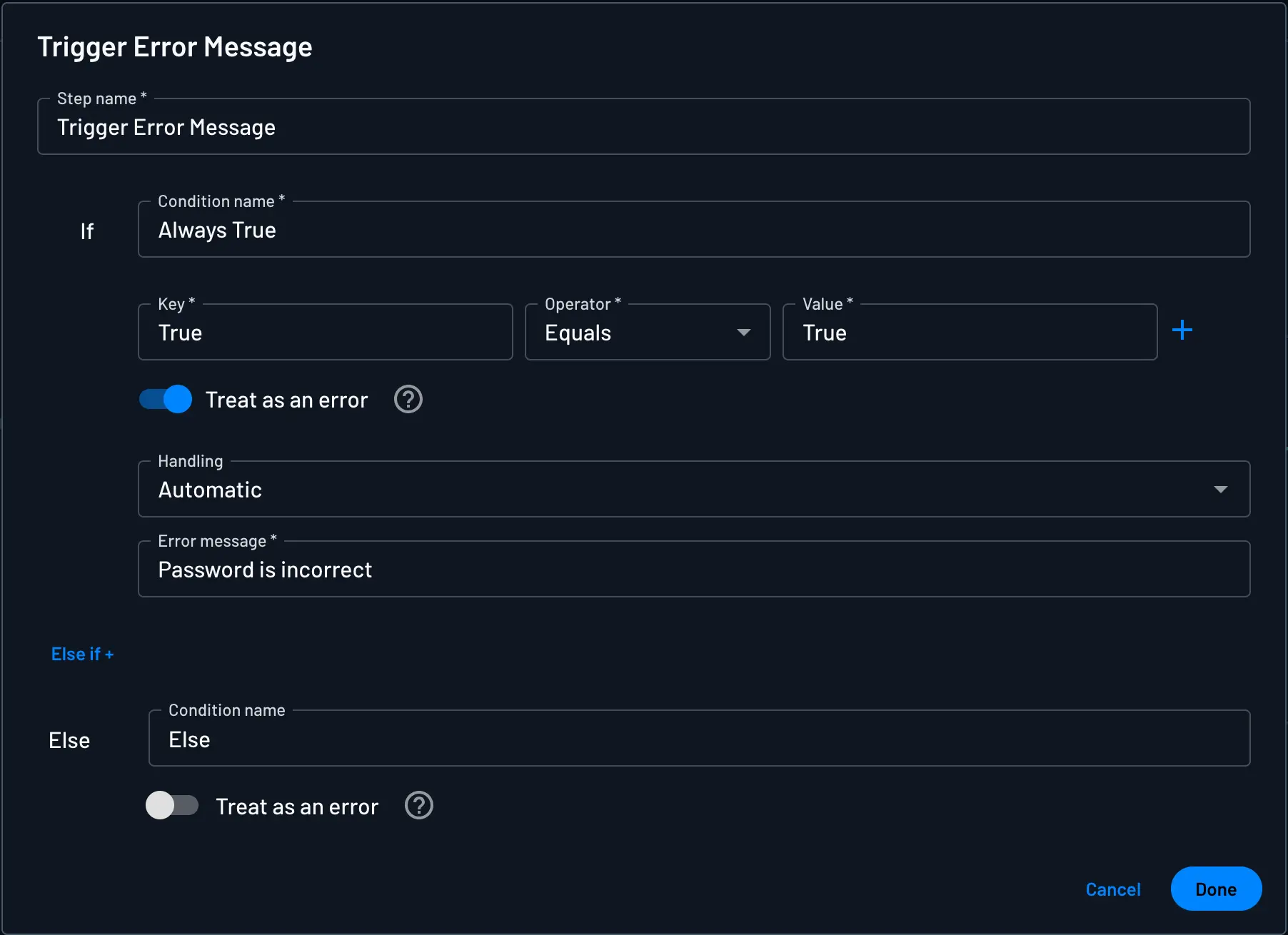 Descope always true condition to trigger an error message after custom error handling