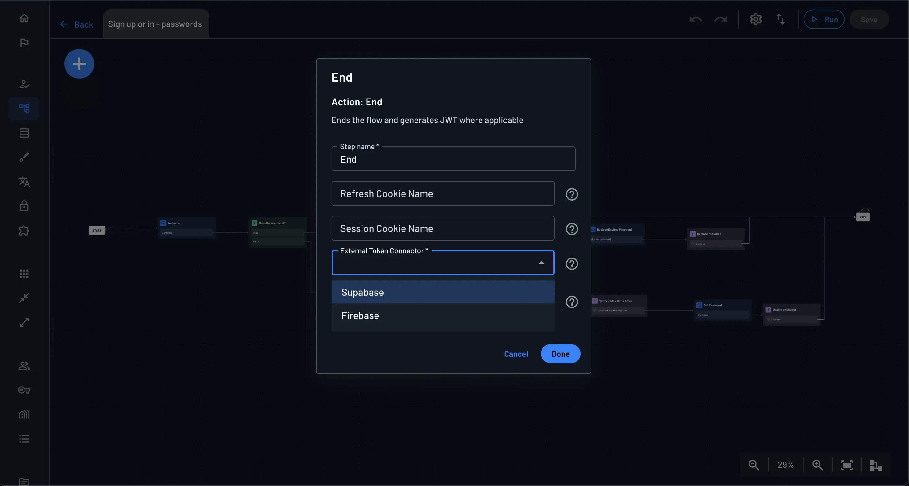 External token connector selection in flow editor