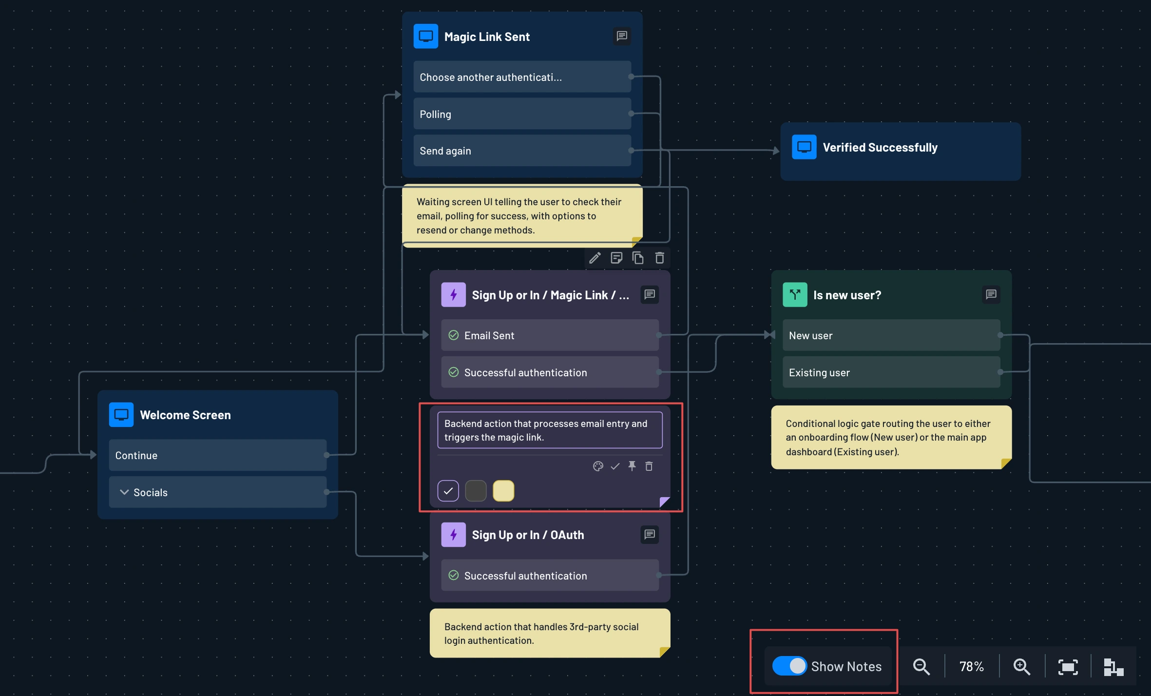 Flow notes in the Descope flow editor