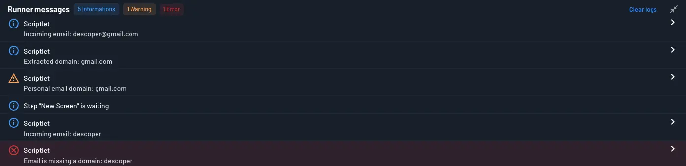 Scriptlet console output in the Flow Runner messages panel