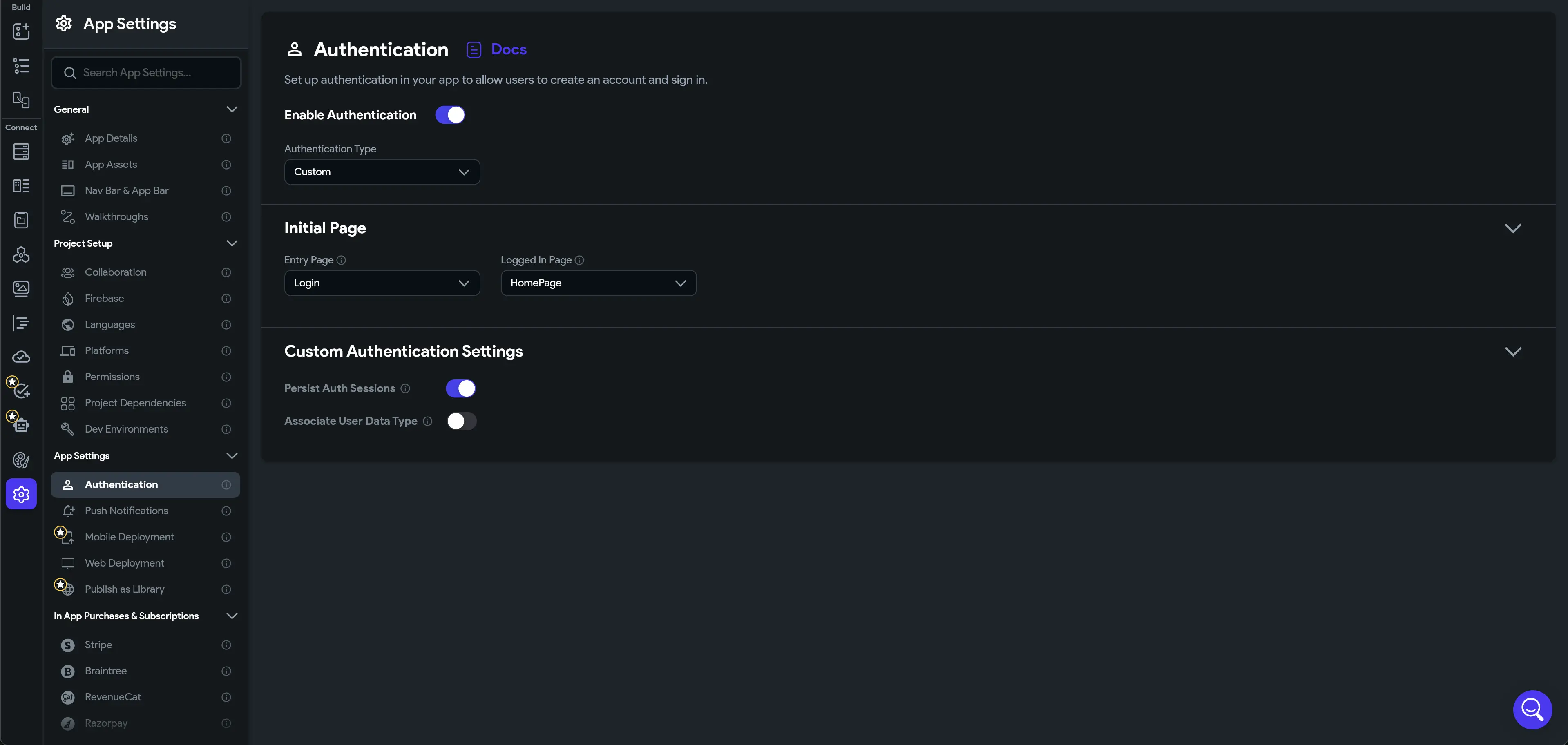 Flutterflow authentication settings