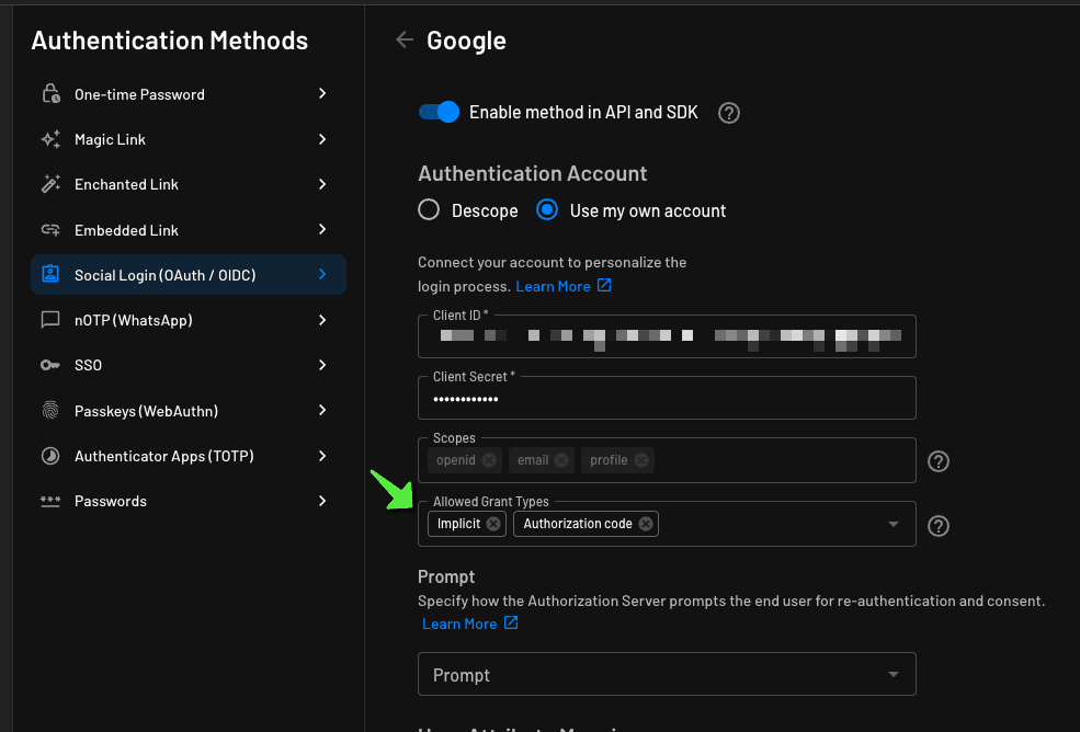 Descope - Google One Tap Example configuration of implicit grant type