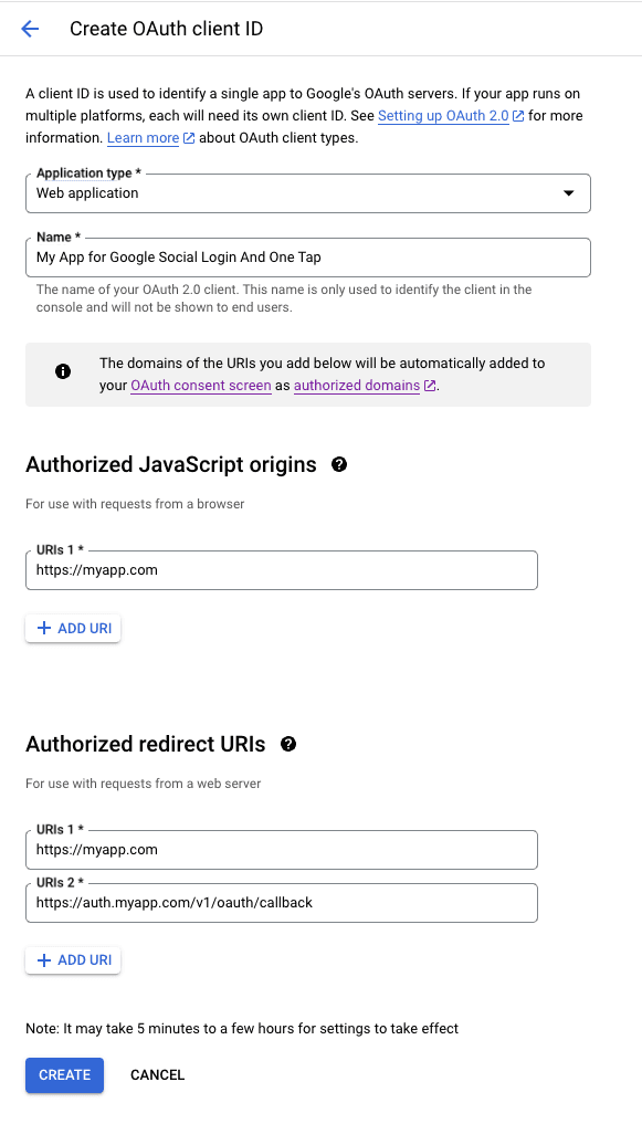 Descope - Google One Tap Example configuration of Google Authorized JS Origins and Redirect URIs