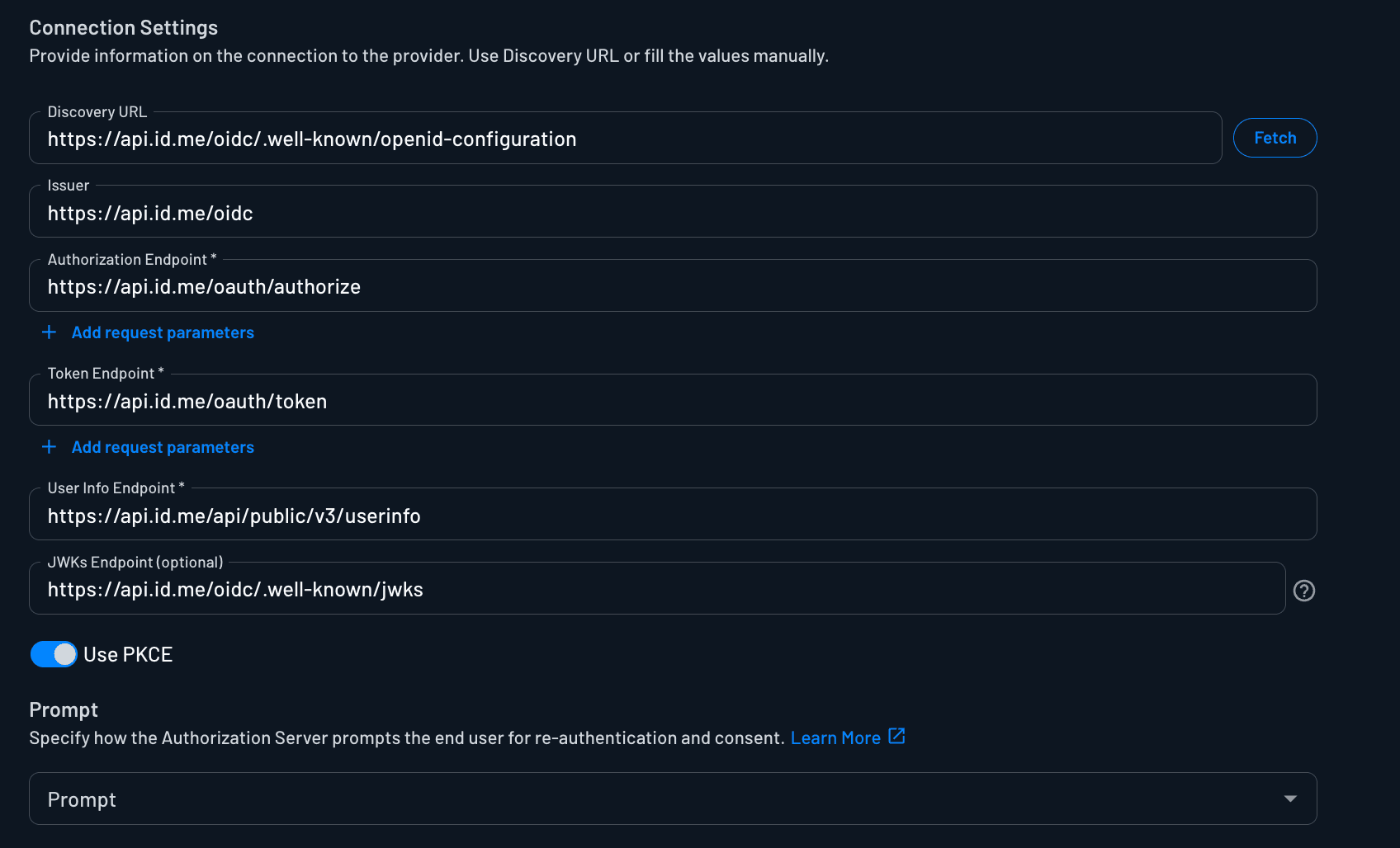Custom ID.me OAuth provider connection settings configured within Descope