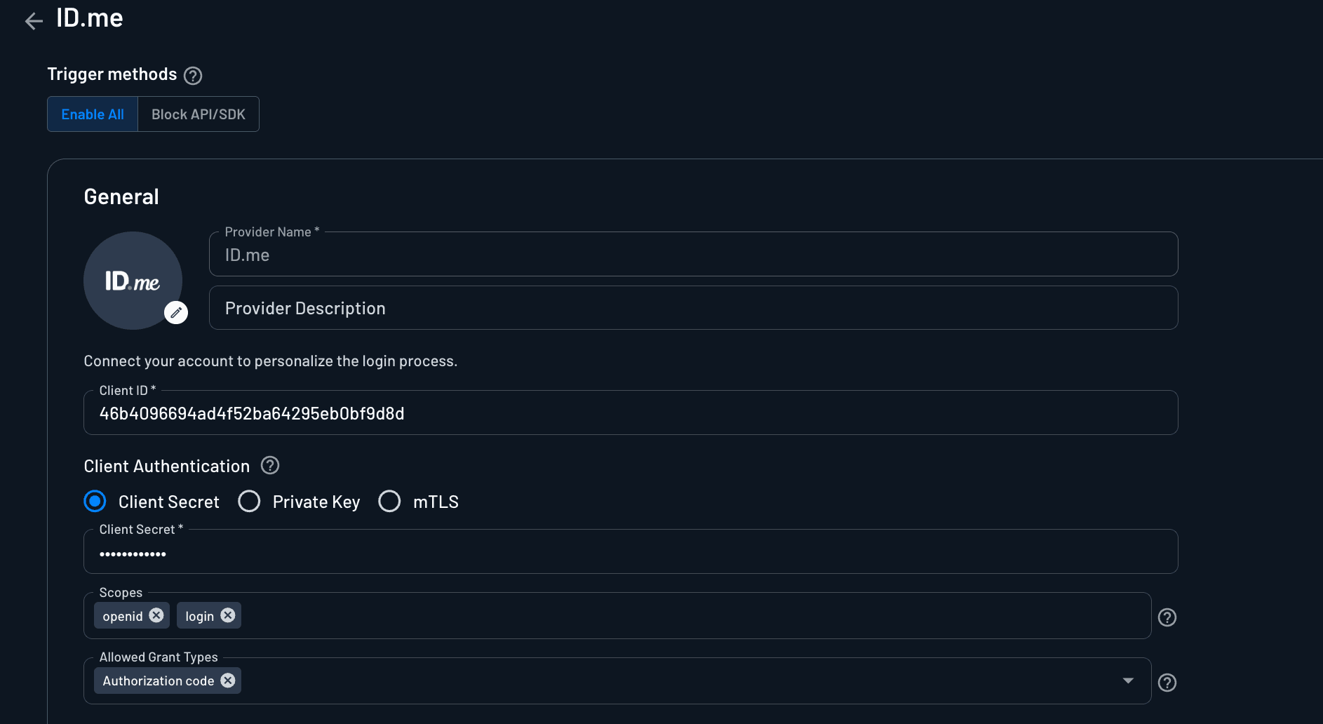 Custom ID.me OAuth provider account settings configured within Descope