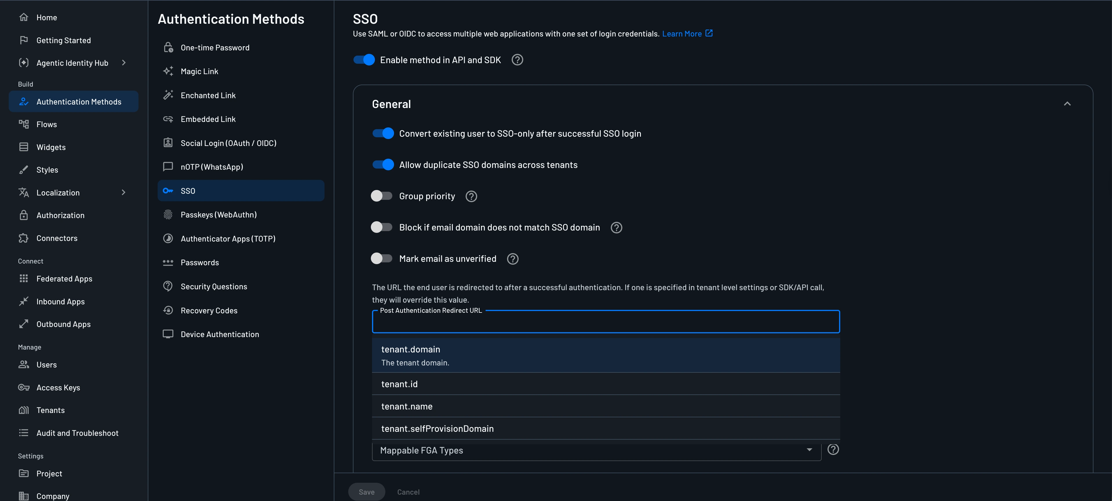 Example configuration of the post authentication redirect URL for IdP-initiated authentication within Descope.