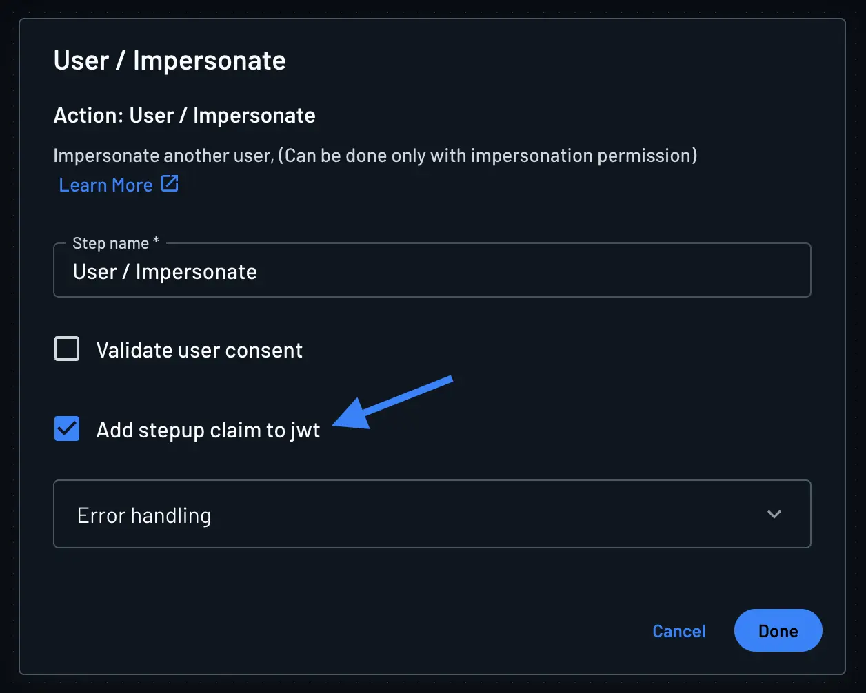 The User / Impersonate action panel showing the Add stepup claim to JWT checkbox