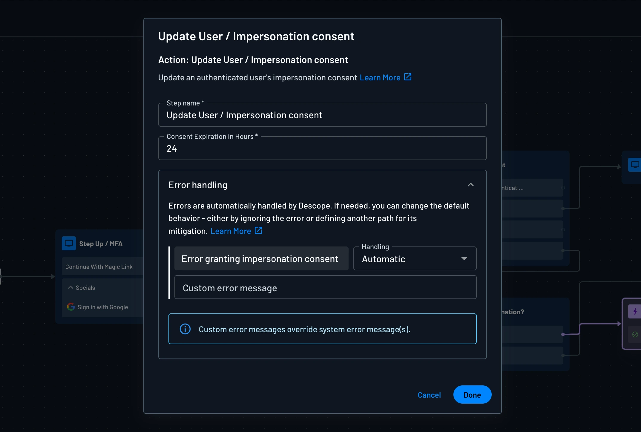 An example of adding the Update User / Impersonation consent action within Descope flows