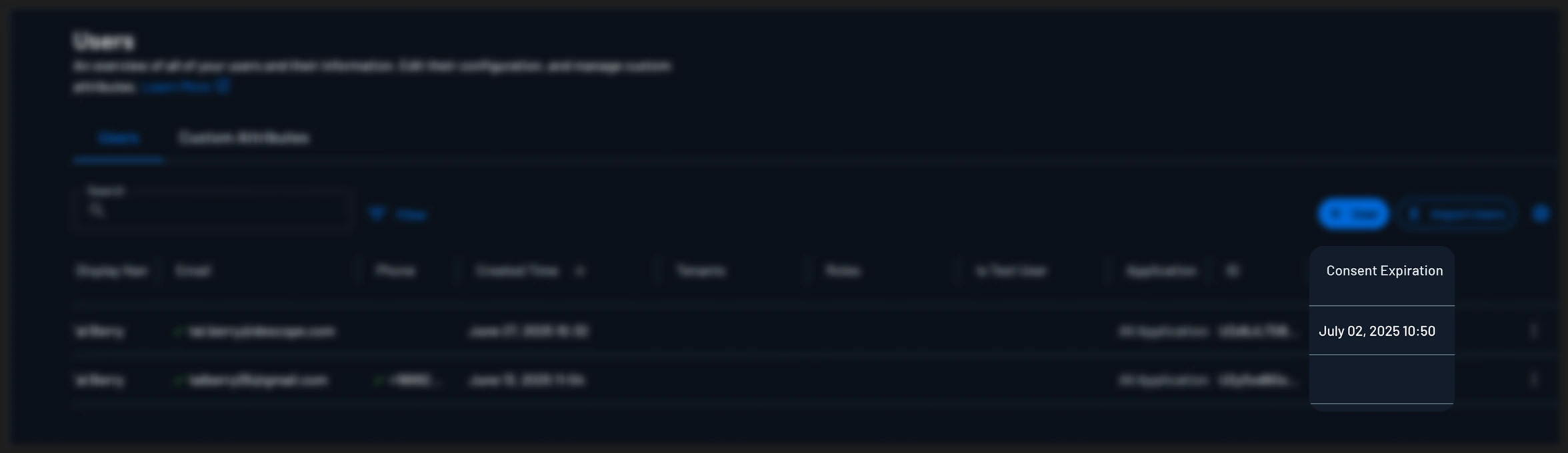 An example of the consent expiration within the users page in the Descope Console