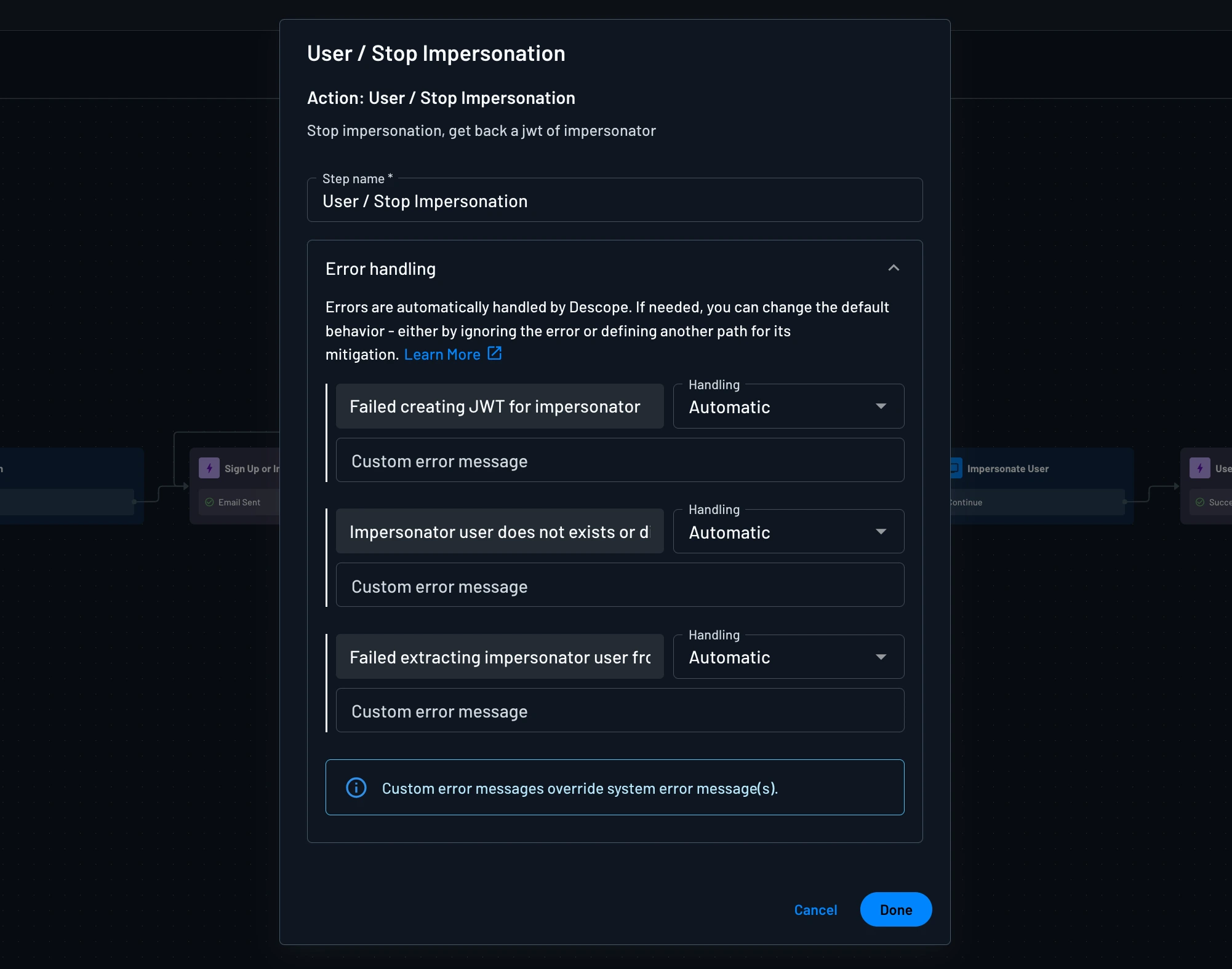 Stop Impersonate Action in Descope flow