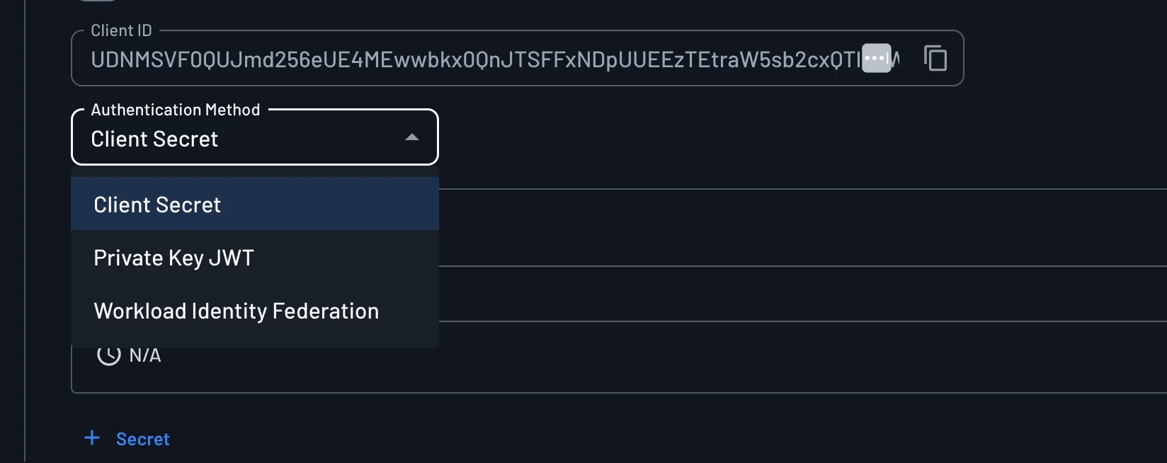 Authentication Method dropdown with Client Secret, Private Key JWT, and Workload Identity Federation
