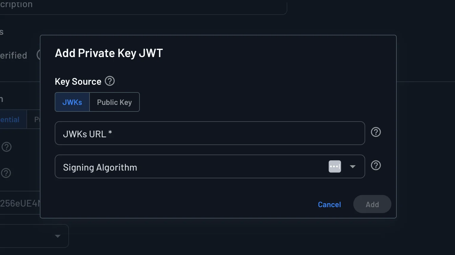 Add Private Key JWT dialog with the JWKs key source