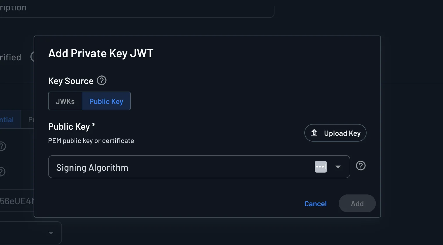 Add Private Key JWT dialog with the Public Key key source
