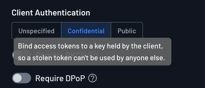 Require DPoP toggle under Client Authentication for an Inbound App