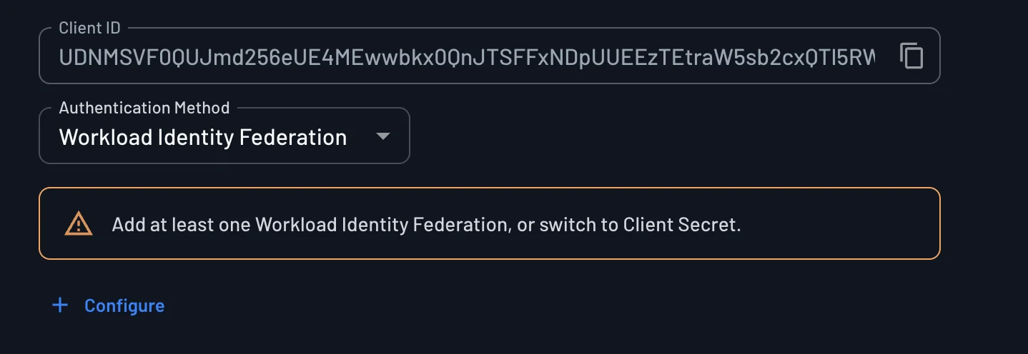 Workload Identity Federation selected, with a warning to add a federation