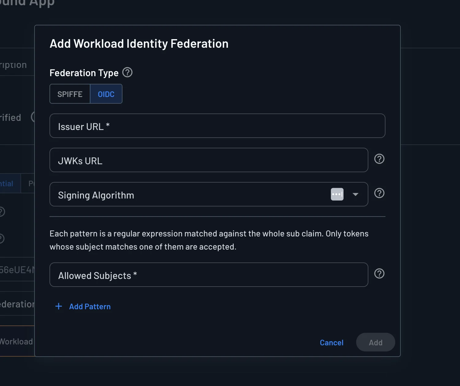Add Workload Identity Federation dialog for OIDC