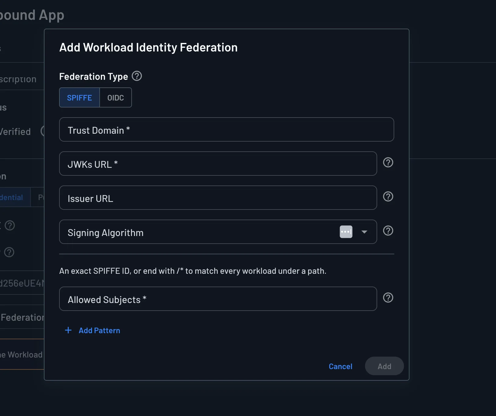 Add Workload Identity Federation dialog for SPIFFE