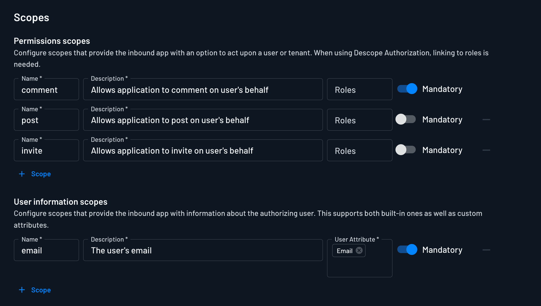 Configuring an inbound app's scopes in Descope