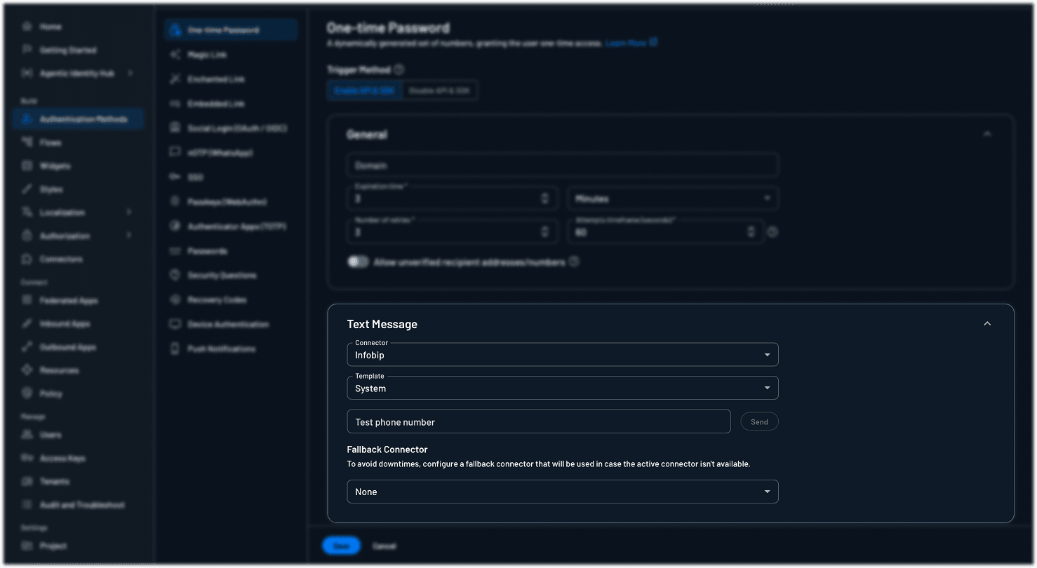 Configuring Infobip as the default OTP connector within Descope Authentication Methods