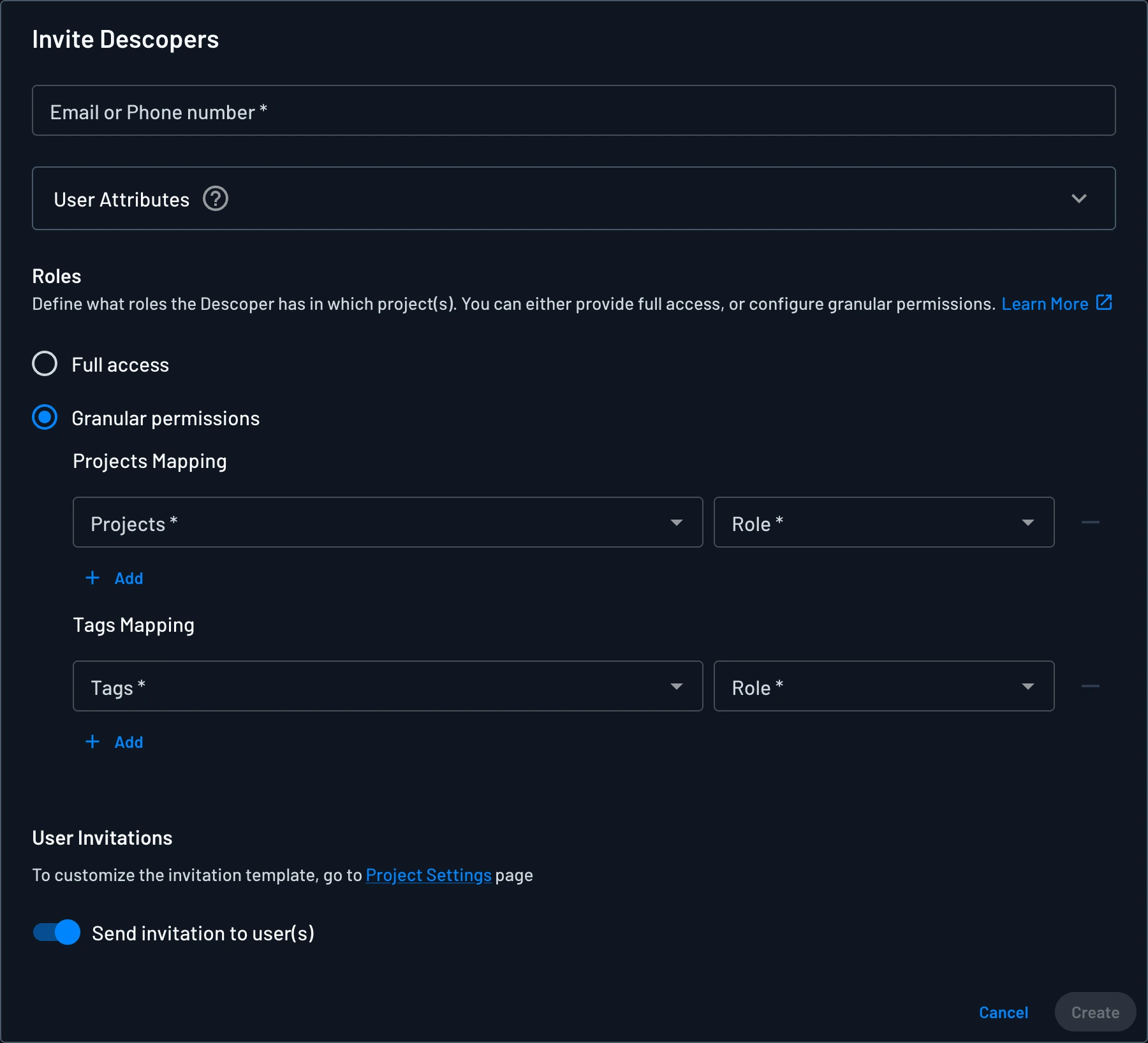 Granular permissions when inviting Descopers