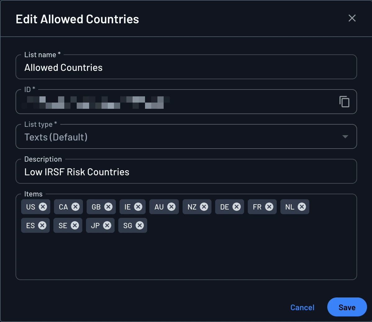 Edit Allowed Countries List dialog with a Texts list of country codes under Project Settings