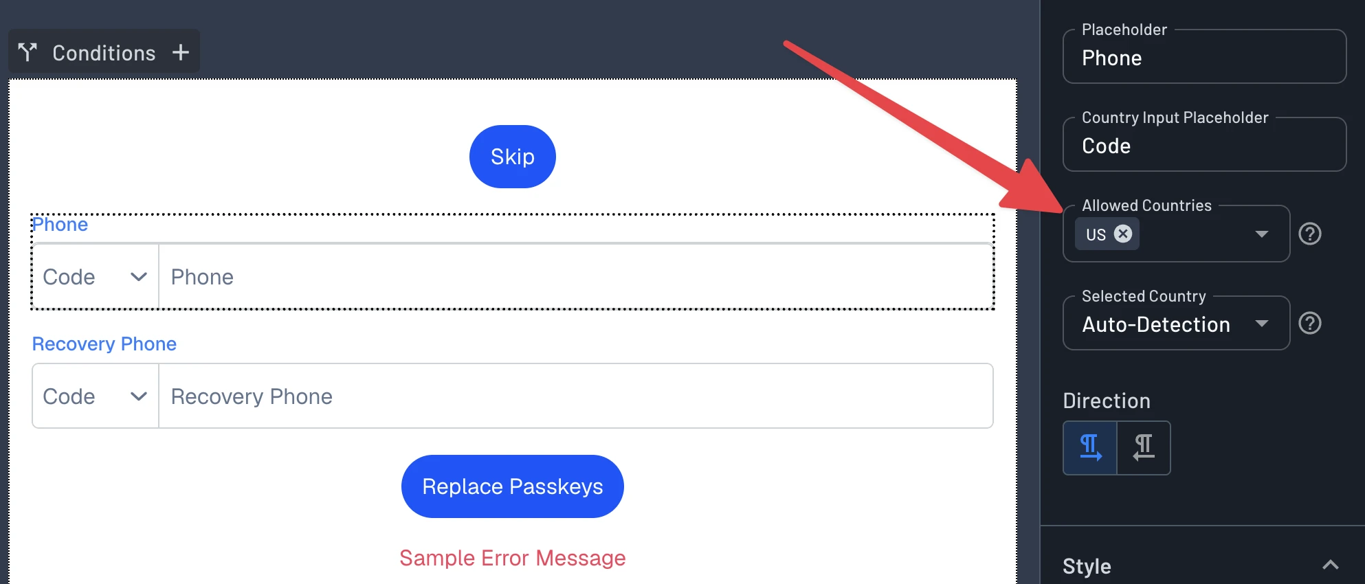 Phone number component in the screen builder with Allowed Countries set in the right-hand panel