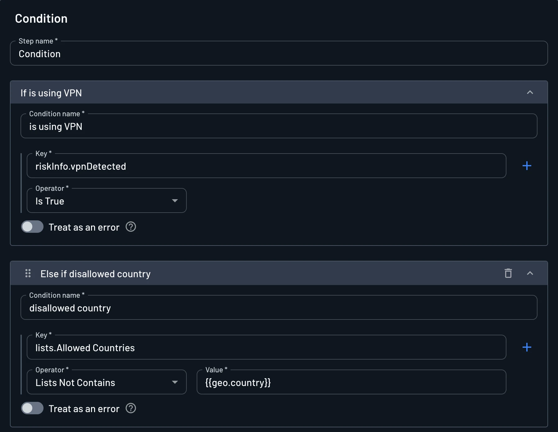 Condition step with branches for is using VPN, keyed on riskInfo.vpnDetected, and disallowed country, keyed on lists.Allowed Countries