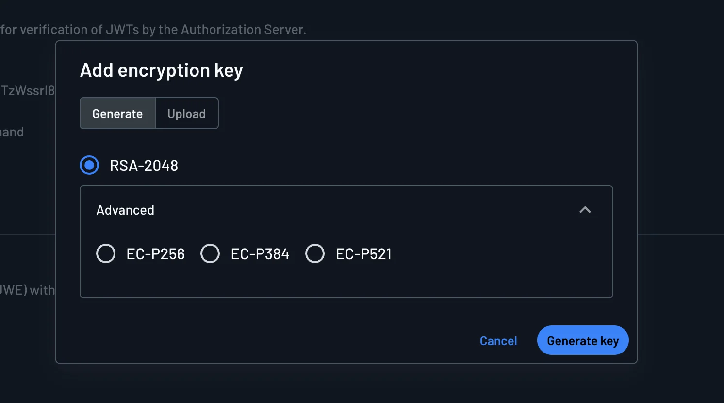Add encryption key dialog on the Generate tab