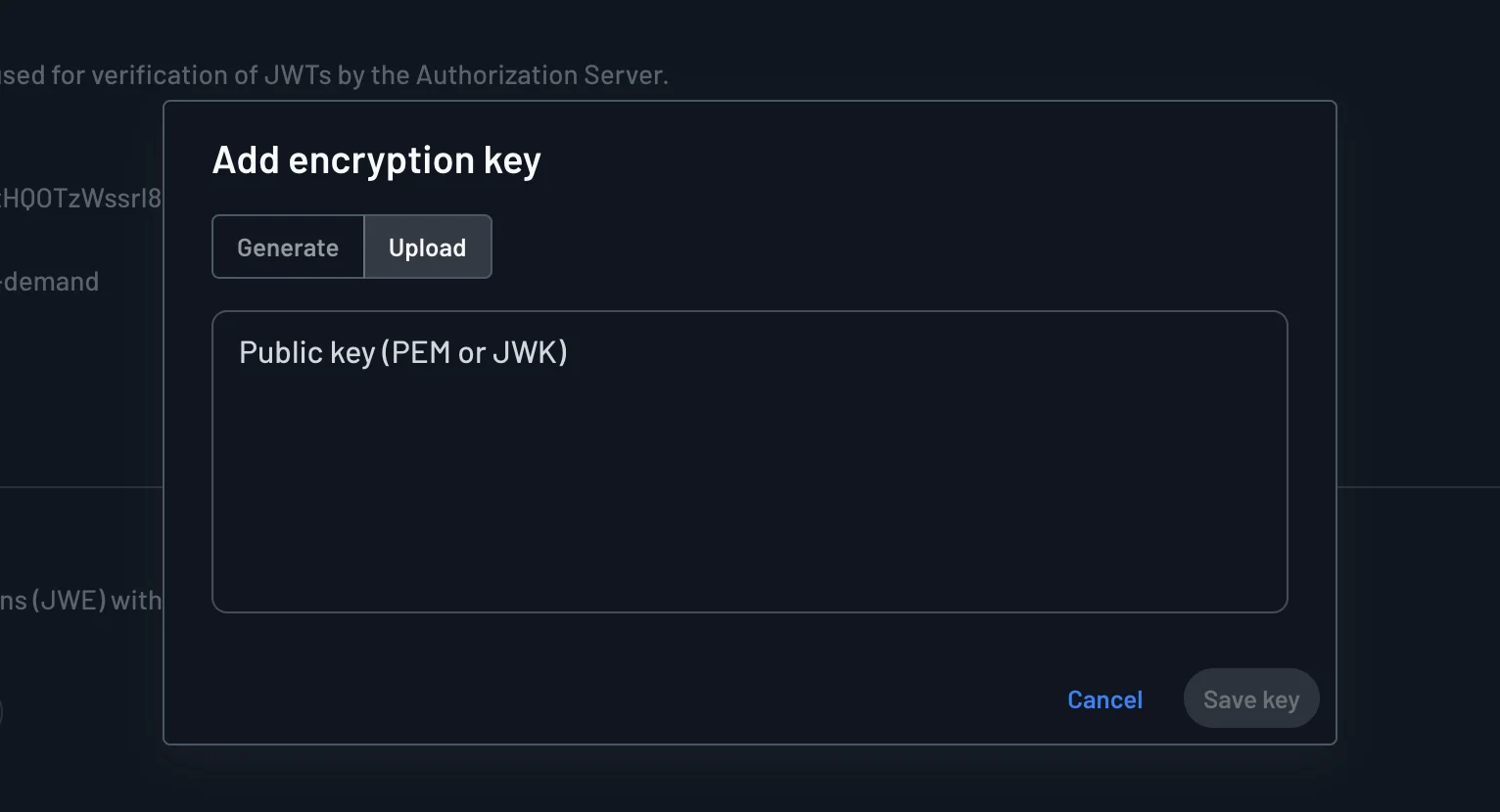 Add encryption key dialog on the Upload tab