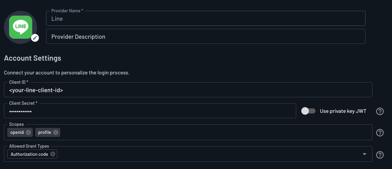 Custom Line OAuth provider account settings configured within Descope