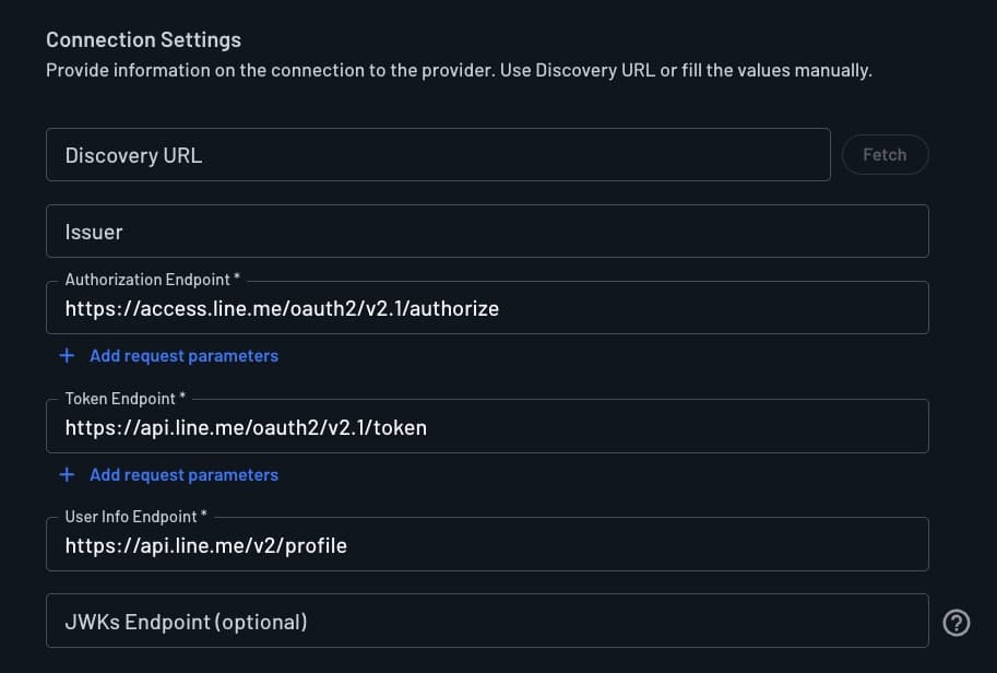 Custom Line OAuth provider user attribute mapping configured within Descope