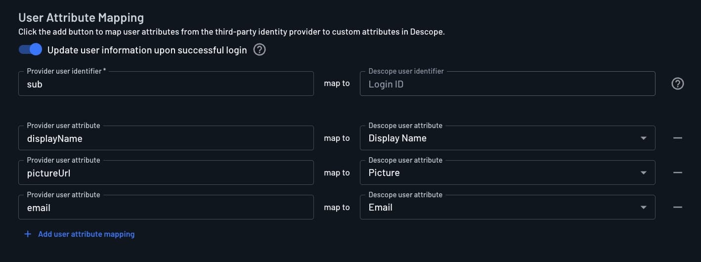 Custom Line OAuth provider user attribute mapping configured within Descope