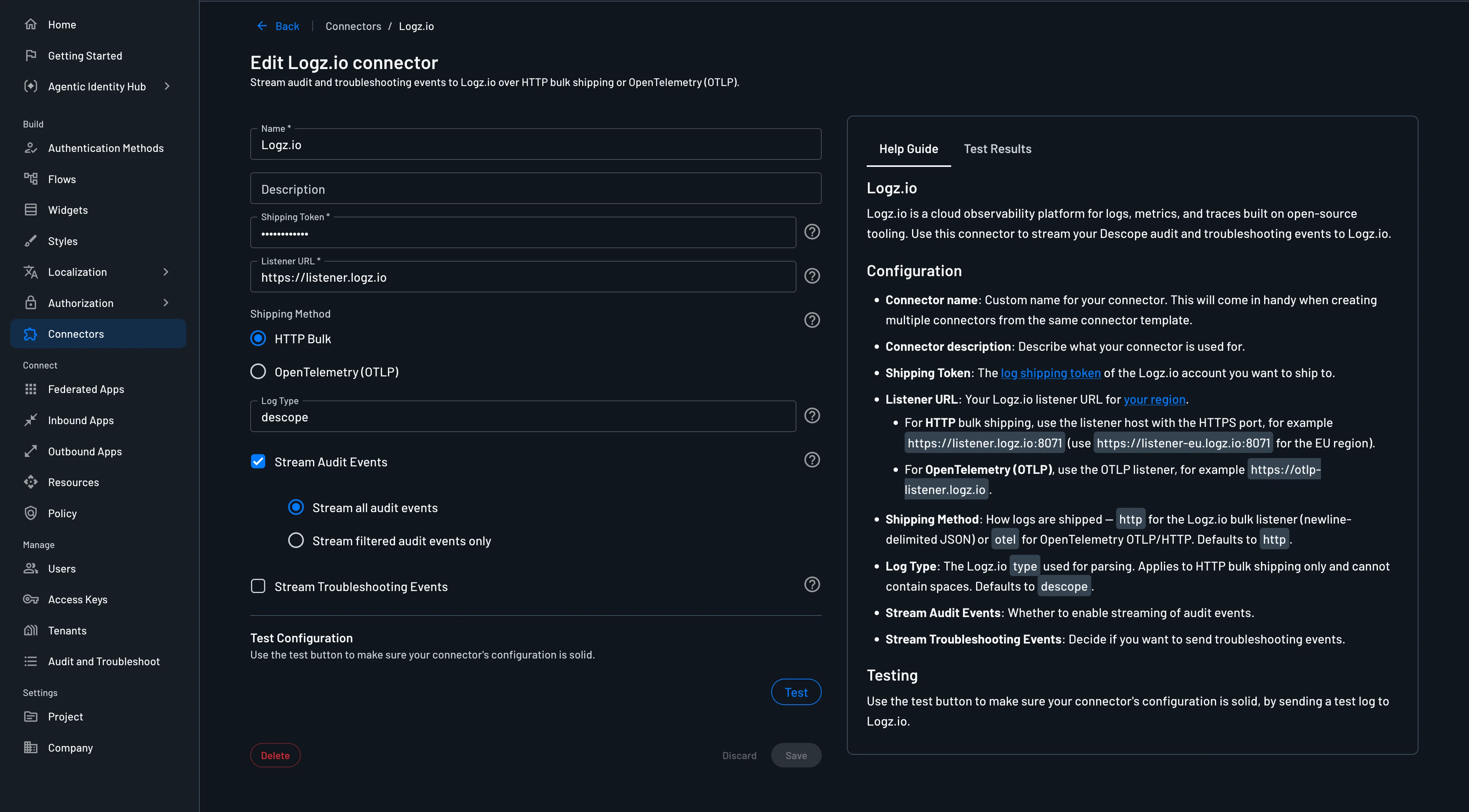 Logz.io connector configuration