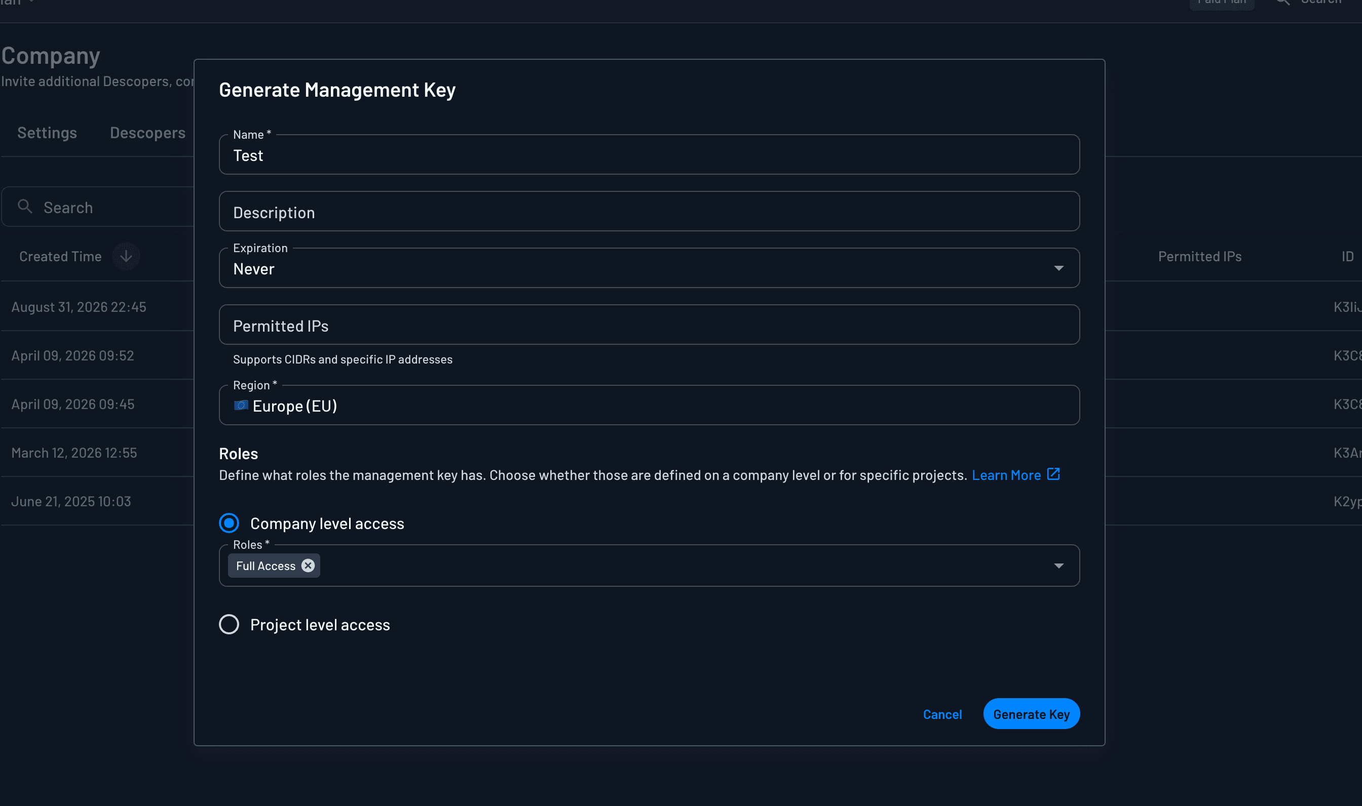management key creation