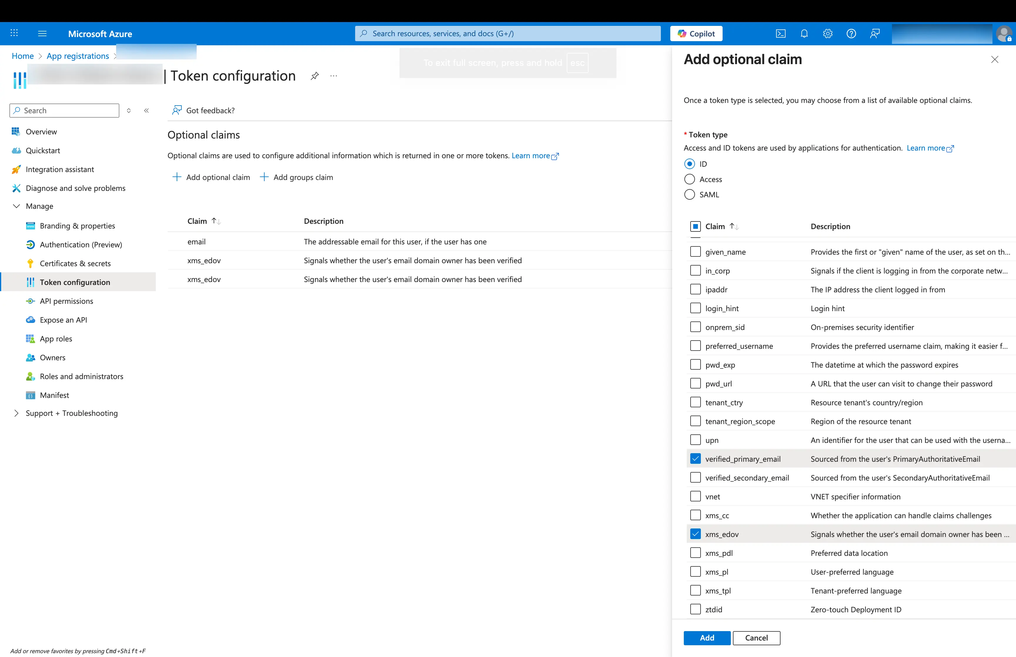 Descope custom social login with Microsoft, add optional claims in microsoft app registration