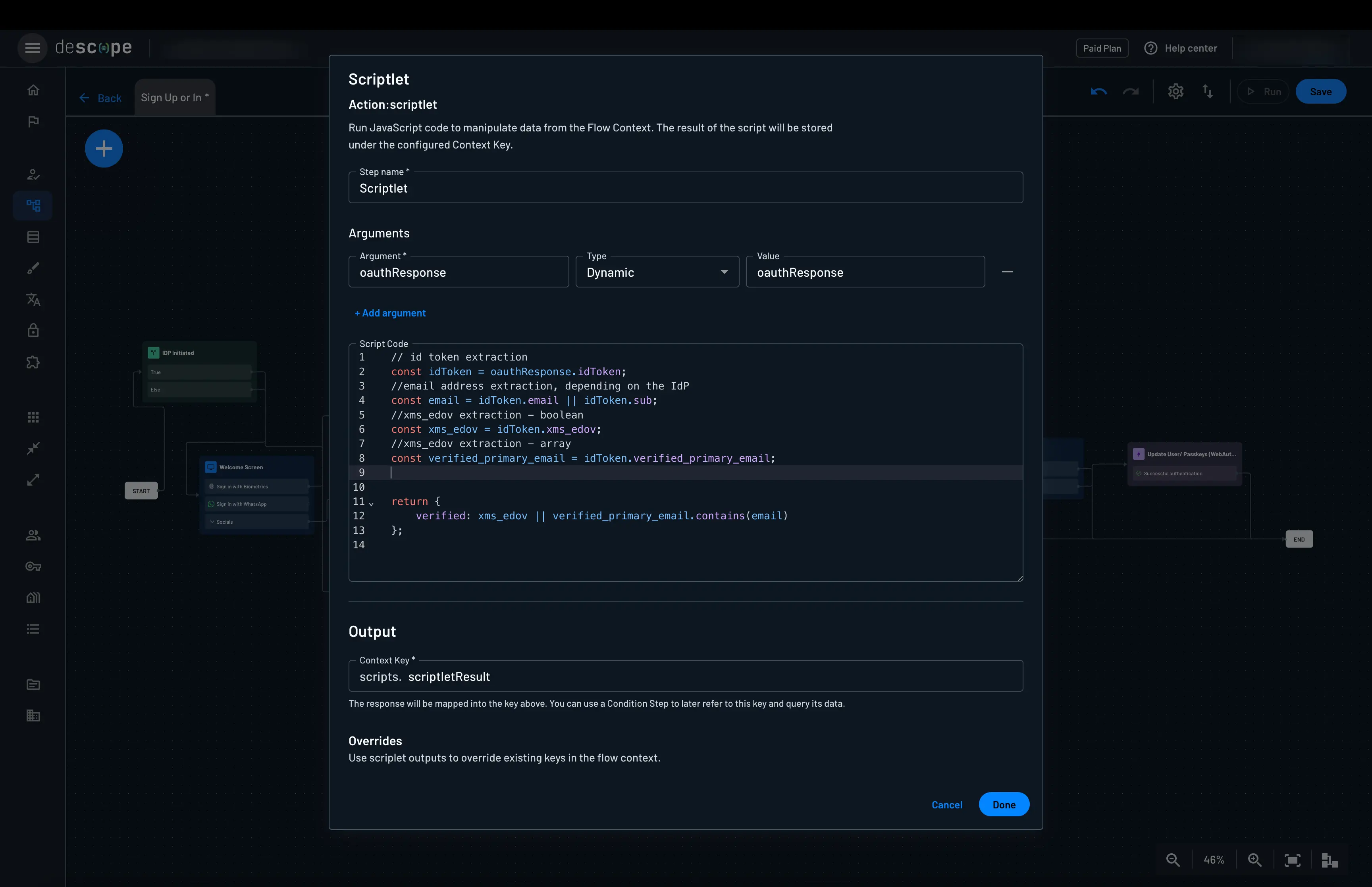 Descope custom social login with Microsoft, scriptlet to set email verification