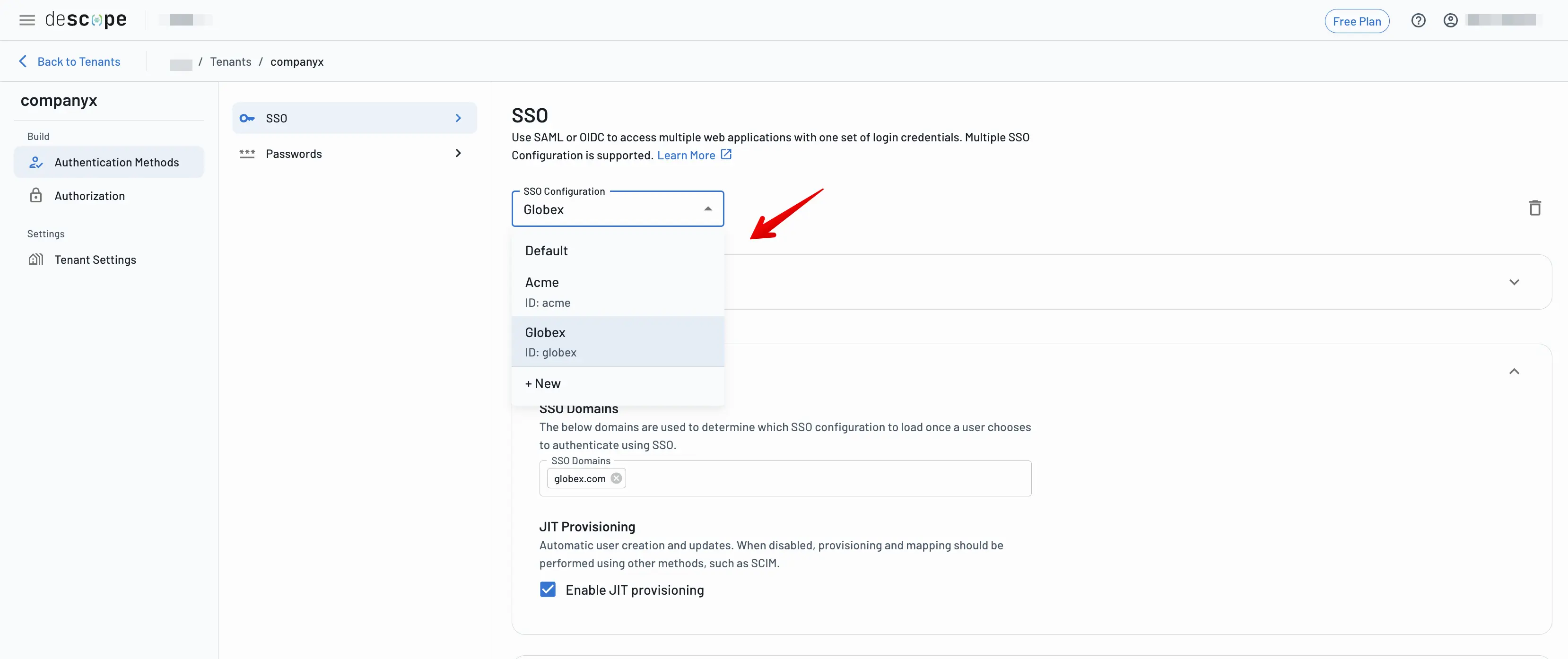 An example of how to configure multiple SSO within a tenant in Descope's console.