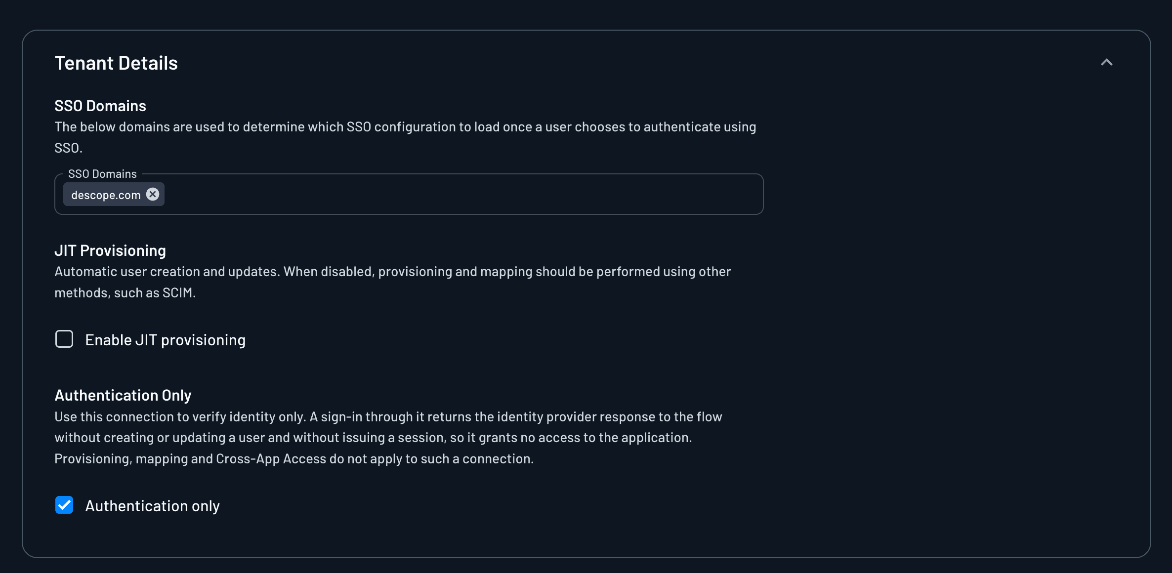 The Authentication Only checkbox on a tenant's default SSO connection in the Console.