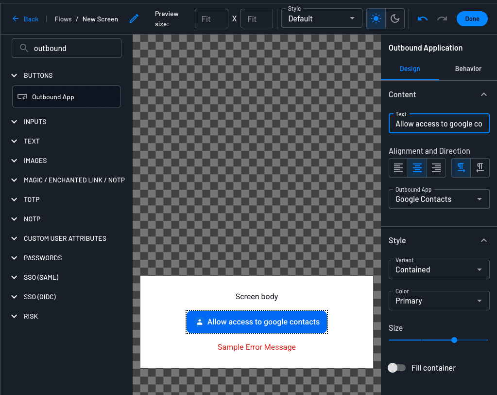 An example of configuring the outbound app button within Descope flows