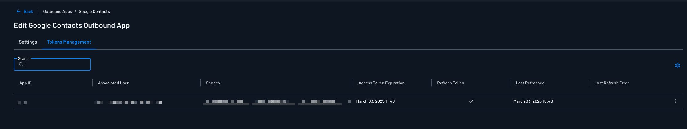 Viewing an outbound applications token management Descope