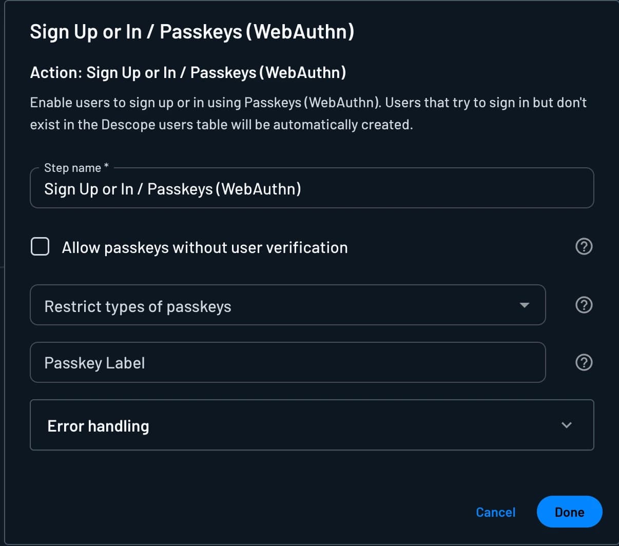 Passkey Label field on the Sign Up or In / Passkeys action