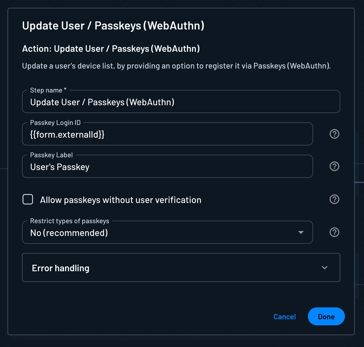 Passkey Login ID and Passkey Label fields on the Update User / Passkeys action
