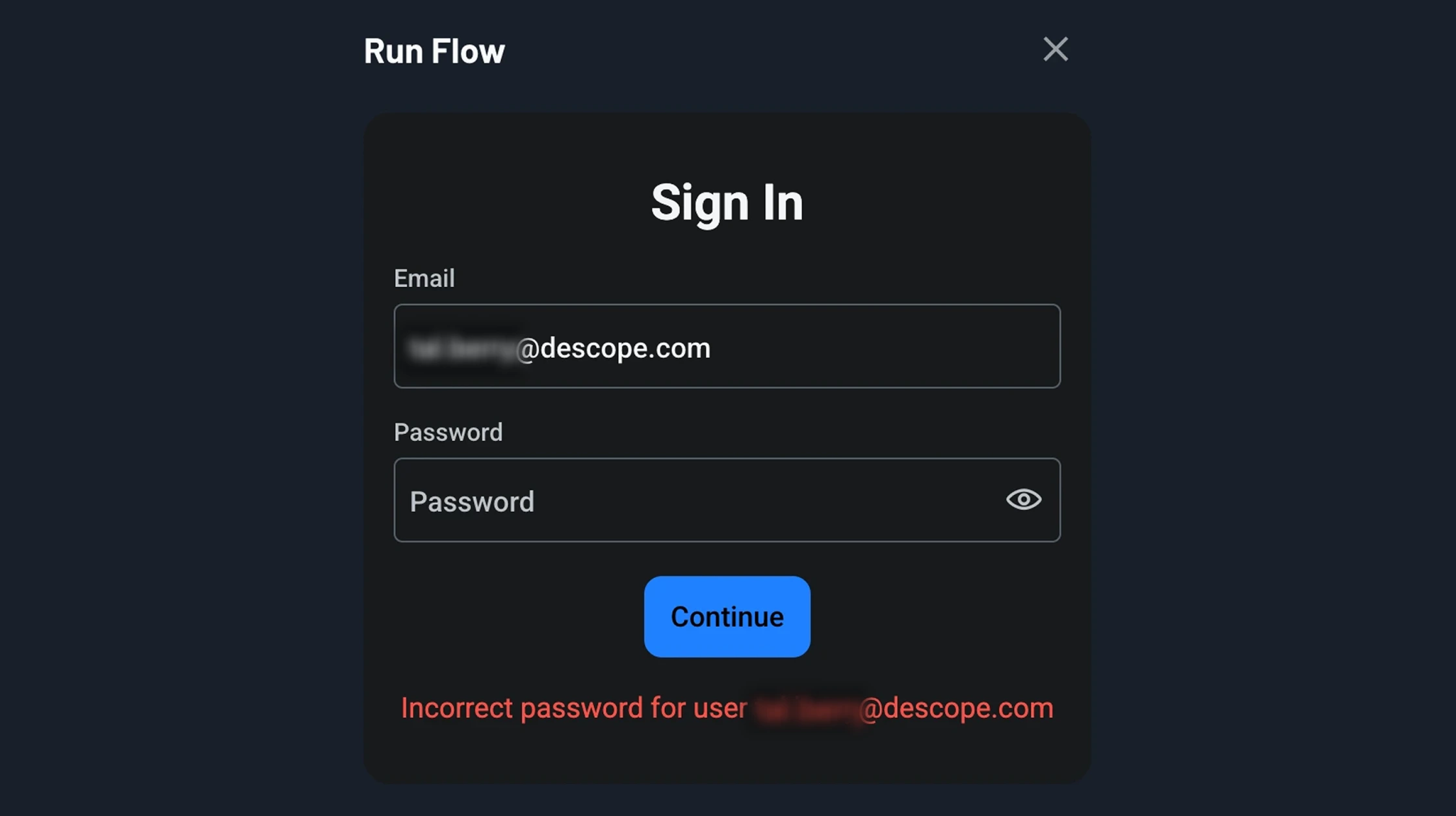 Example of error displayed to a user when using a dynamic value within an Descope flow action
