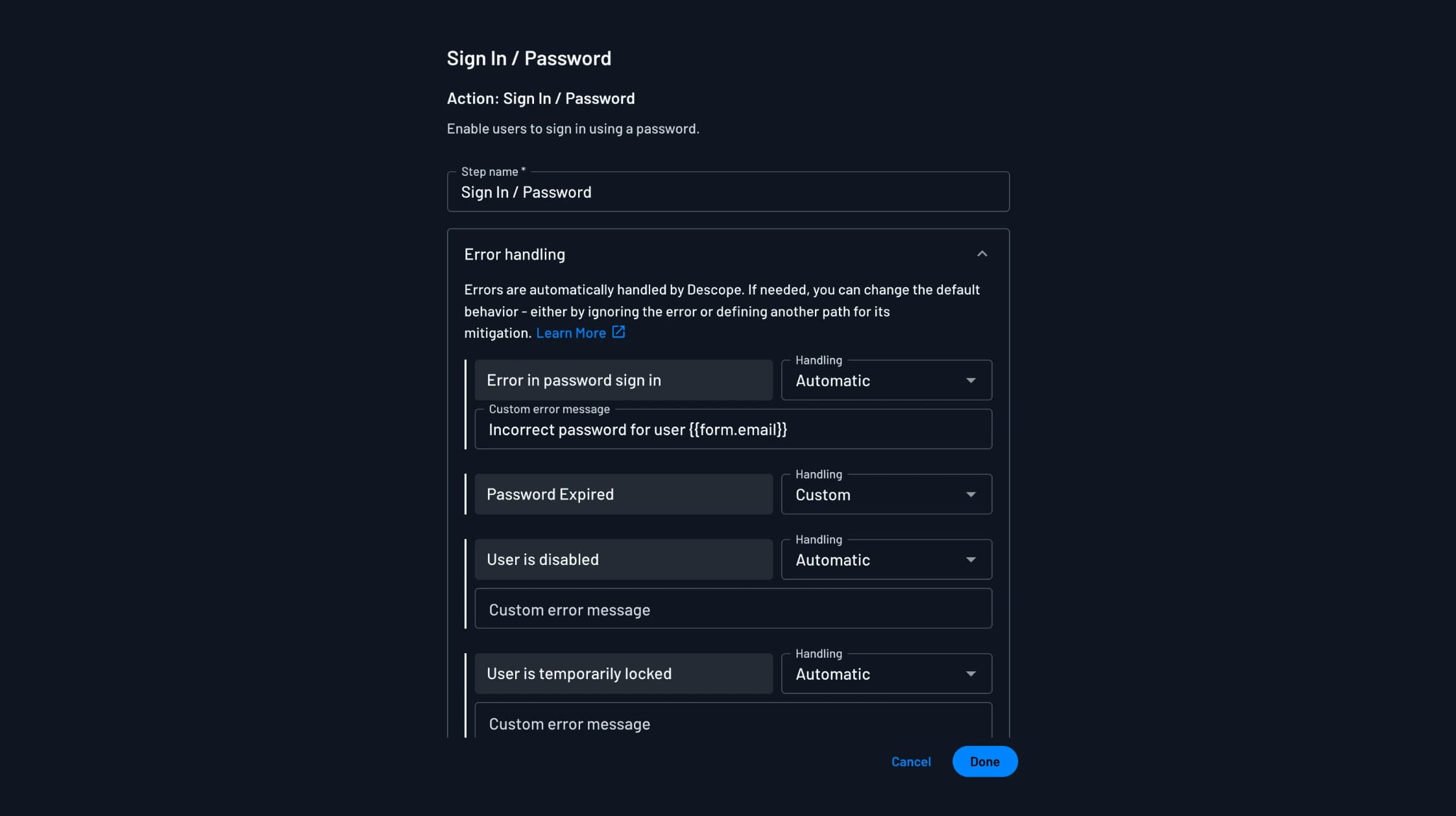 Example of configuring a Descope action to utilize a dynamic value within the error returned to the user